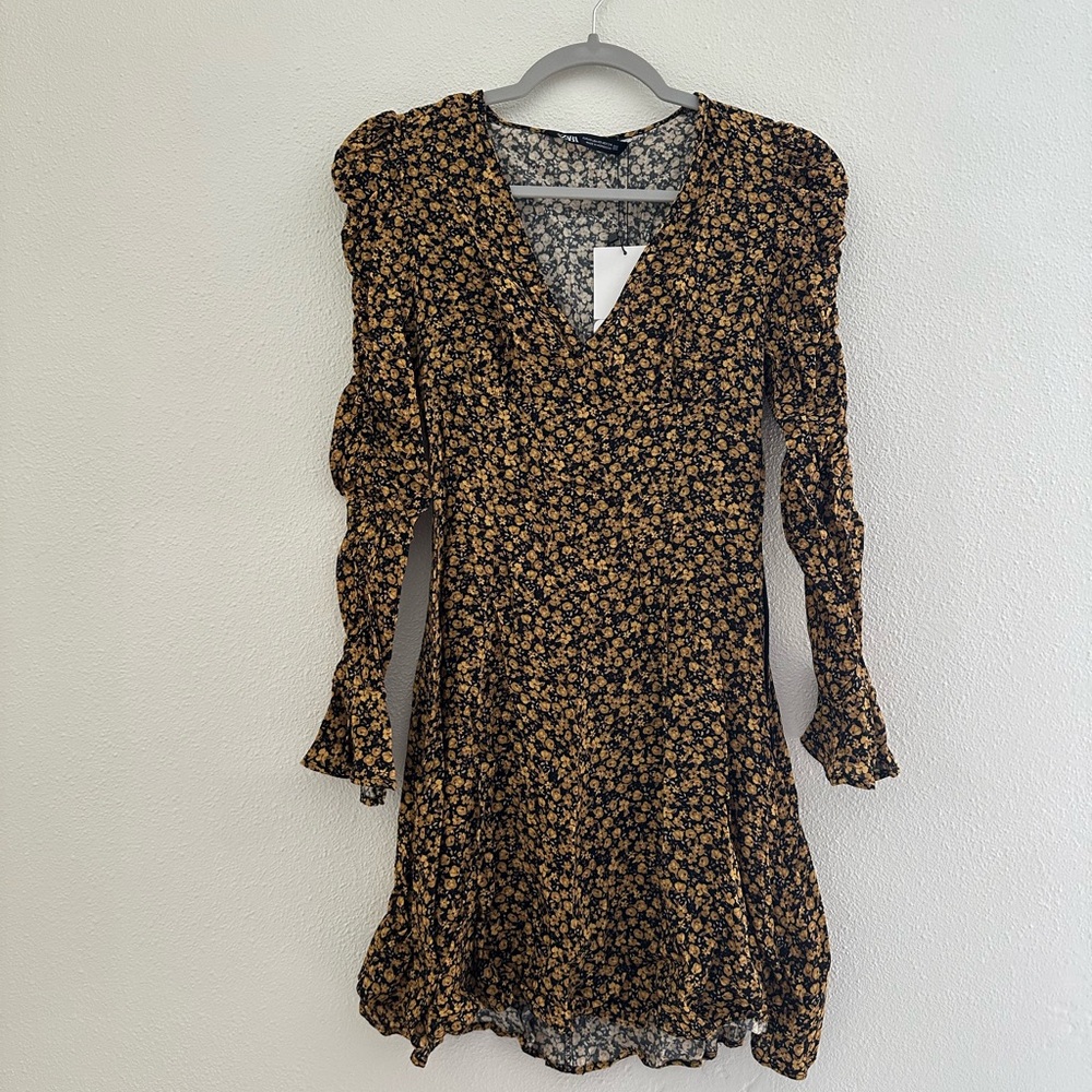 Zara size XS Dress Floral Print Yellow Black